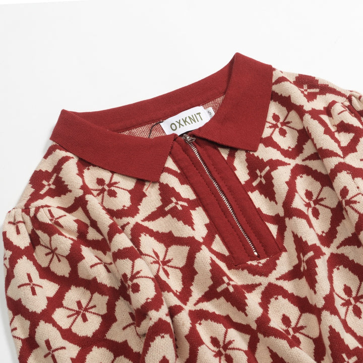 Women's vintage red jacquard zipper V-neck polo