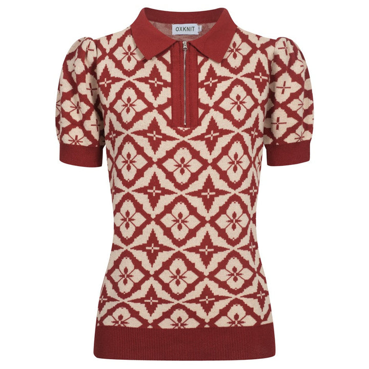 Women's vintage red jacquard zipper V-neck polo