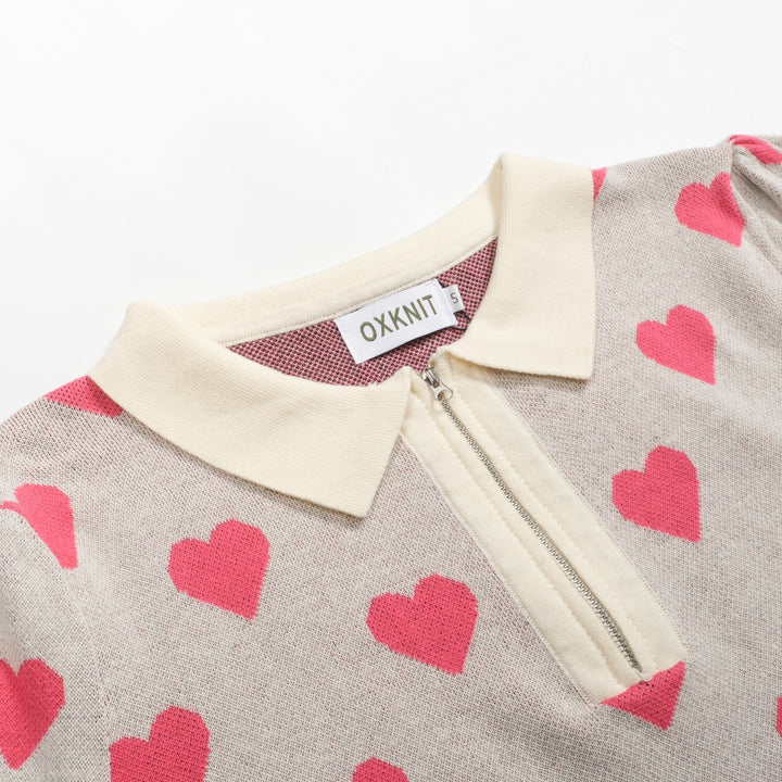 Vit aprikos hjärtformad stickad pikétröja med V-ringad dragkedja för kvinnor