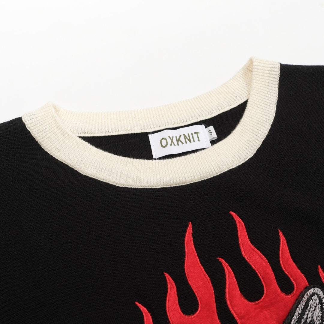 Cat Flame jacquard Rose broderad stickad T-shirt för män