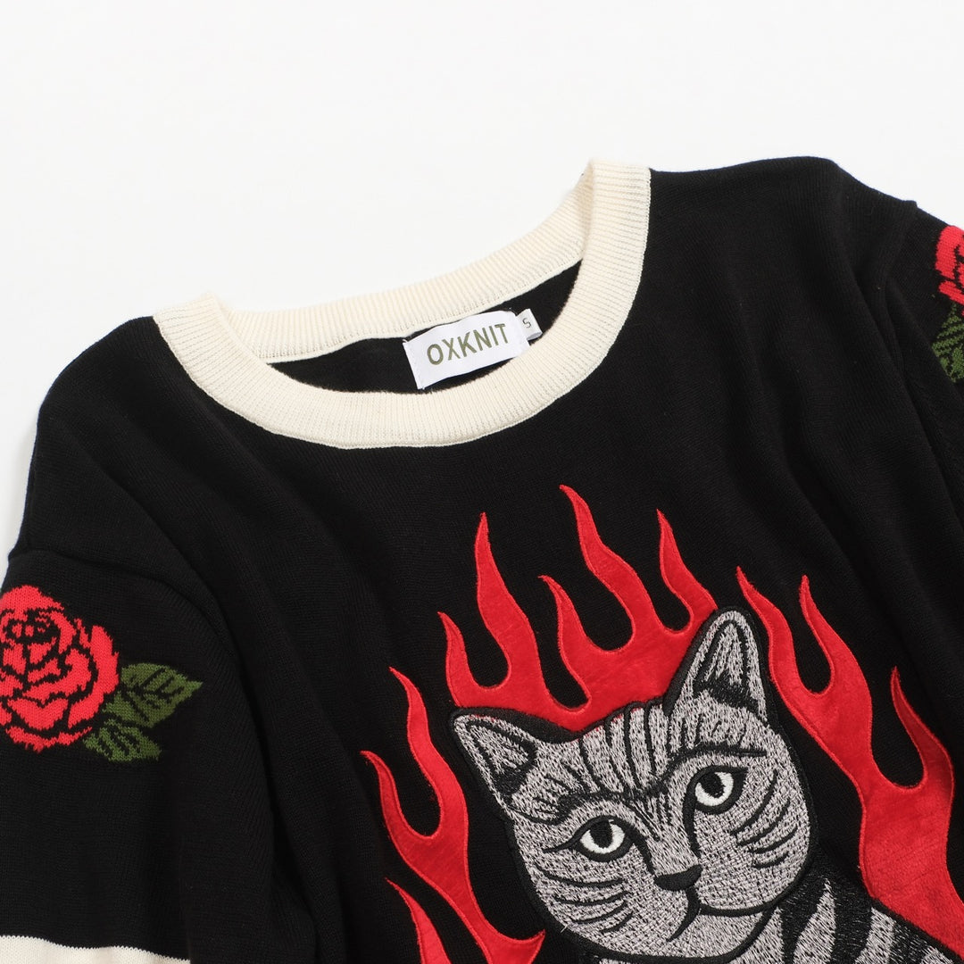 Cat Flame jacquard Rose broderad stickad T-shirt för män