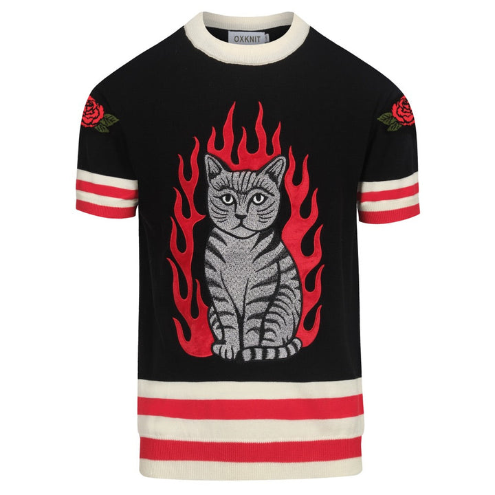 Cat Flame jacquard Rose broderad stickad T-shirt för män