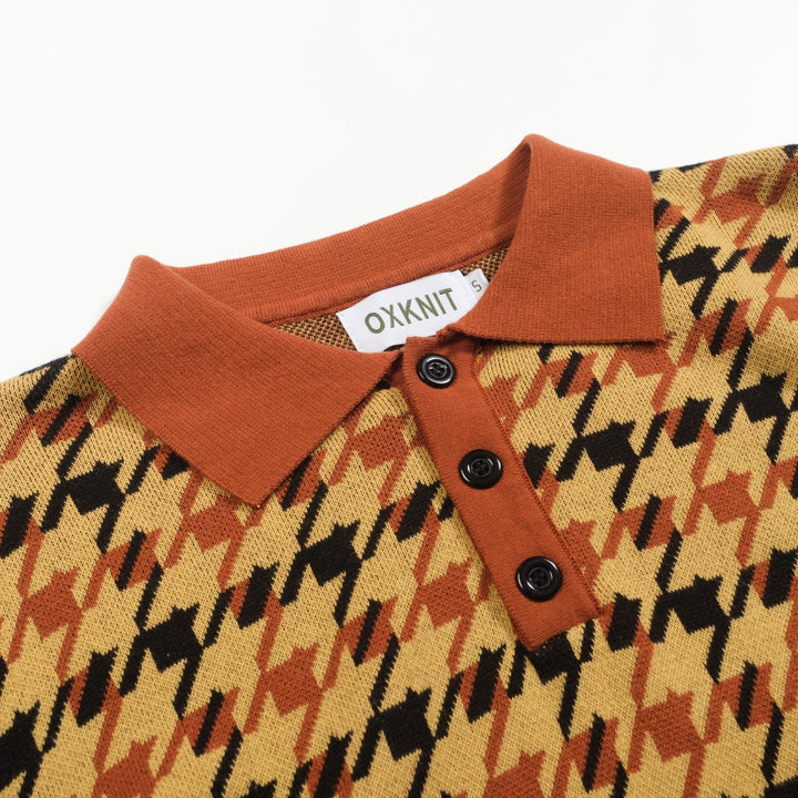 Men's yellow checkered jacquard vintage polo knitwear