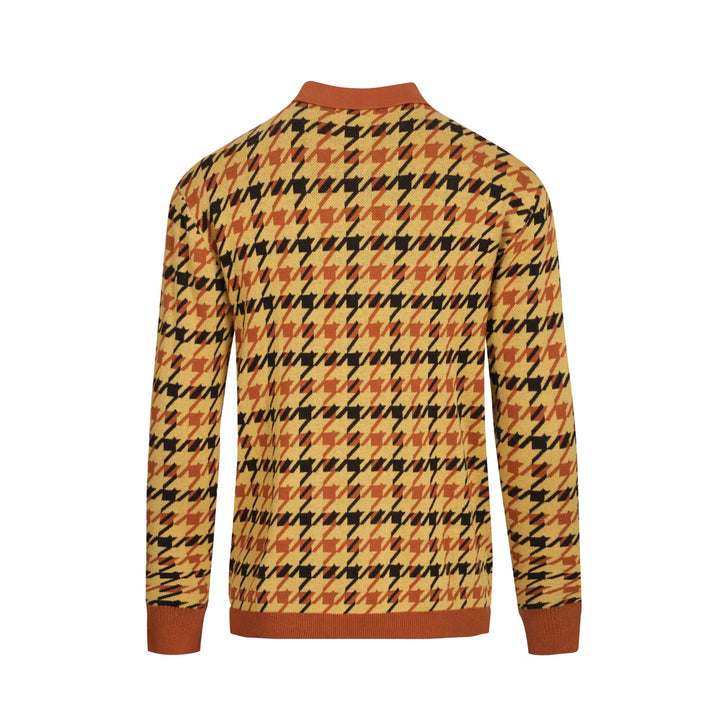 Men's yellow checkered jacquard vintage polo knitwear