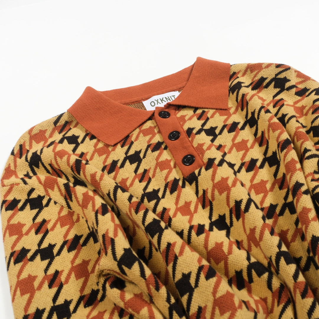 Men's yellow checkered jacquard vintage polo knitwear