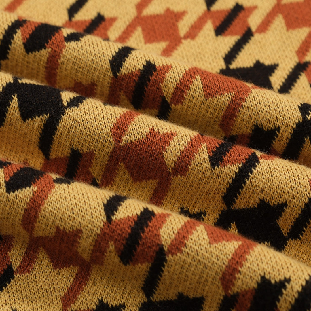 Men's yellow checkered jacquard vintage polo knitwear