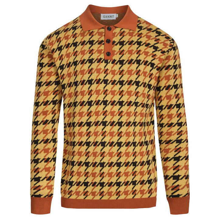 Men's yellow checkered jacquard vintage polo knitwear