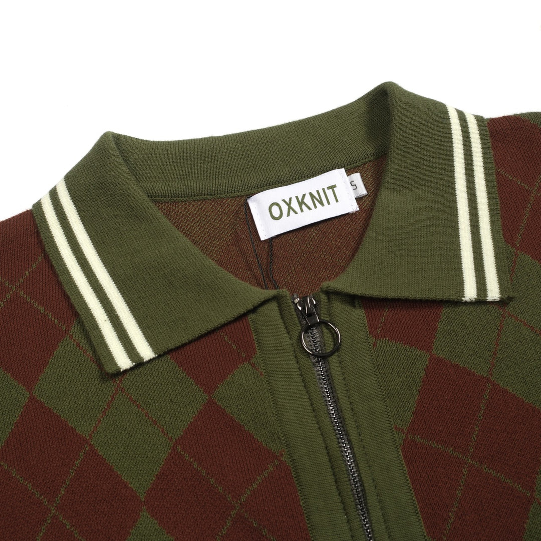 Men's green vintage diamond check knit zipper cardigan
