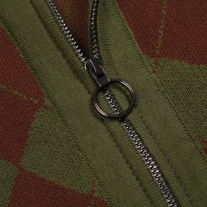 Men's green vintage diamond check knit zipper cardigan