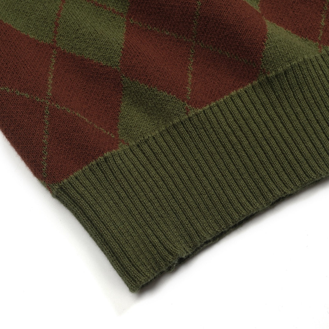 Men's green vintage diamond check knit zipper cardigan