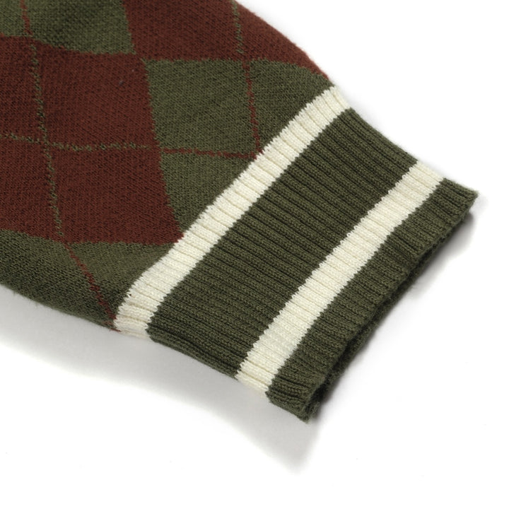 Men's green vintage diamond check knit zipper cardigan