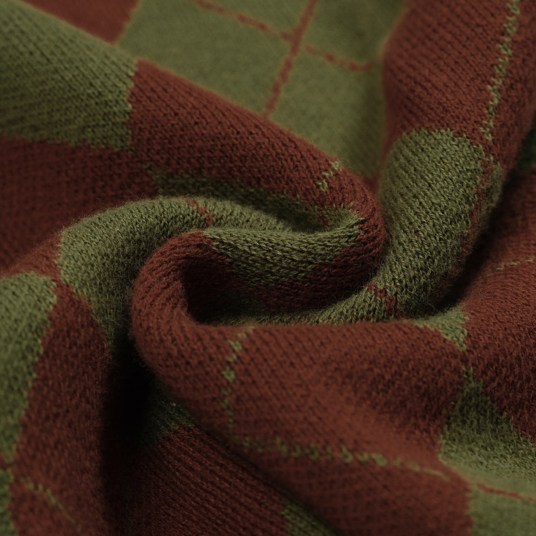 Men's green vintage diamond check knit zipper cardigan