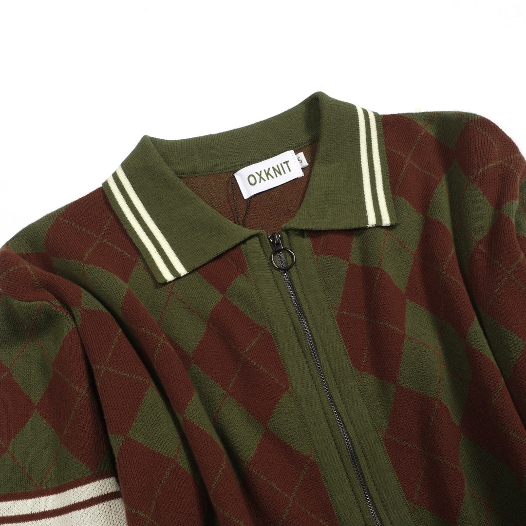 Men's green vintage diamond check knit zipper cardigan