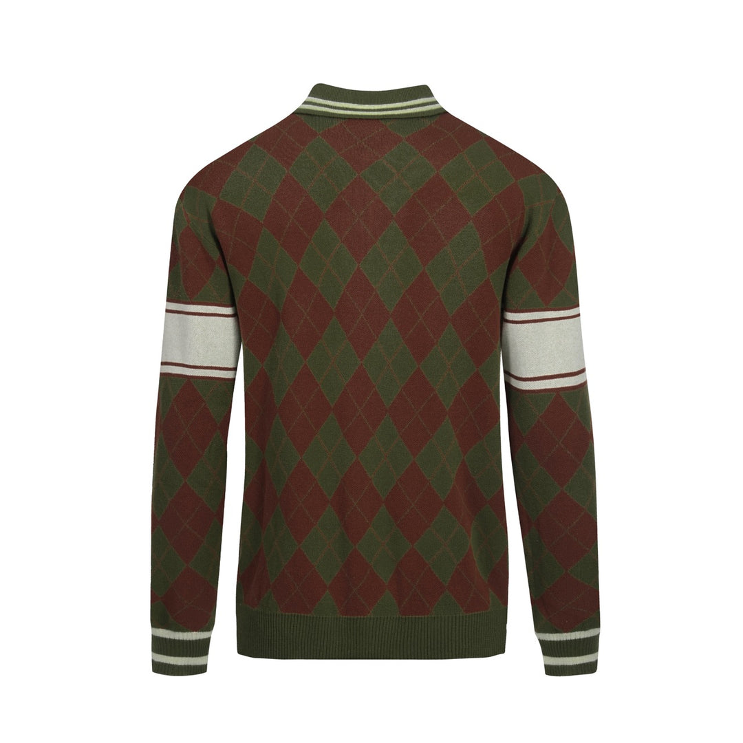 Men's green vintage diamond check knit zipper cardigan