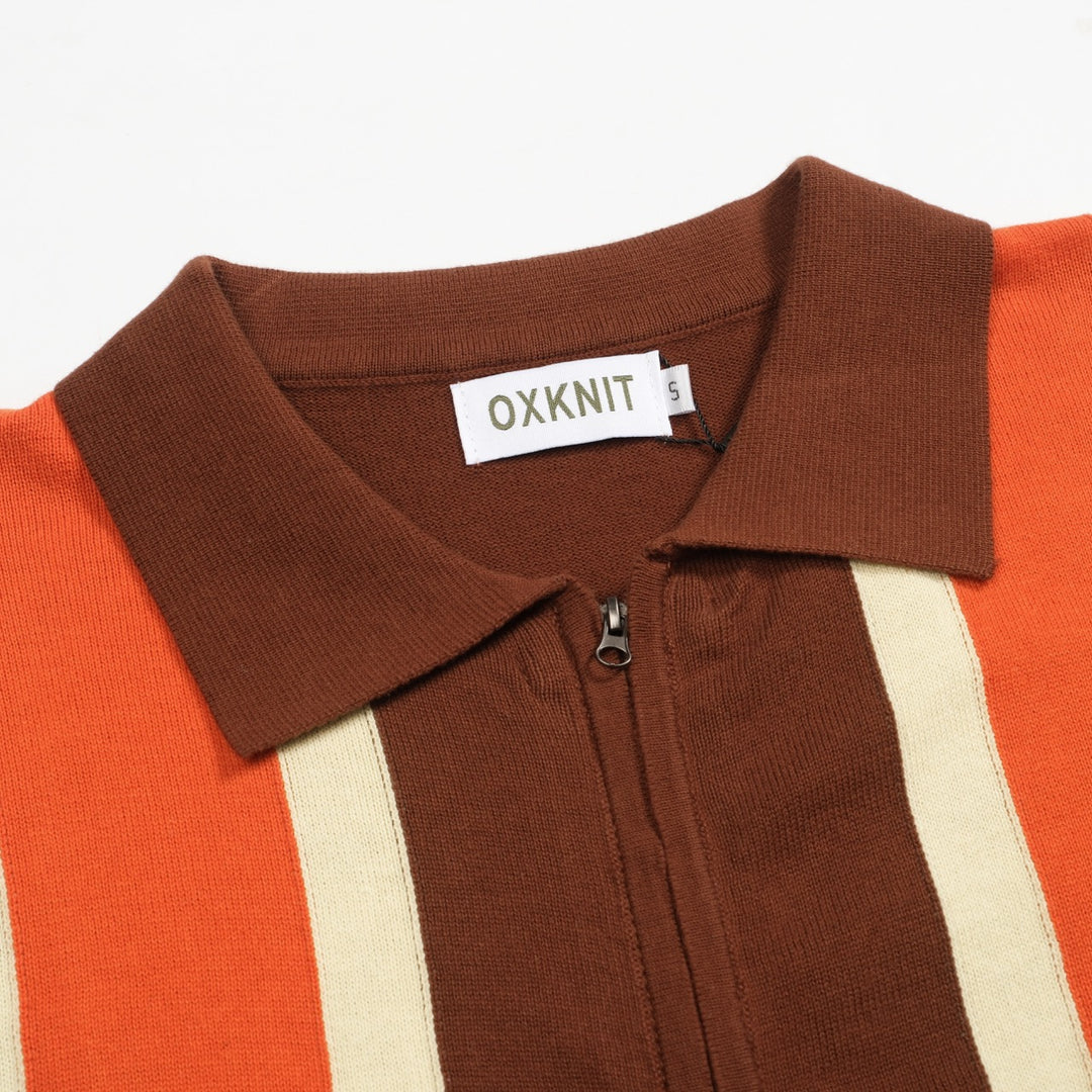 Men's brown striped vintage knitted zipper cardigan