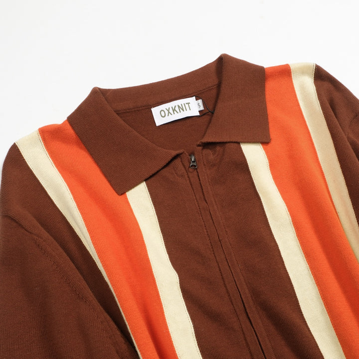 Men's brown striped vintage knitted zipper cardigan