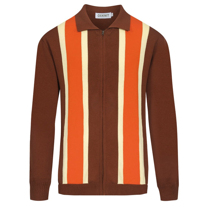 Men's brown striped vintage knitted zipper cardigan