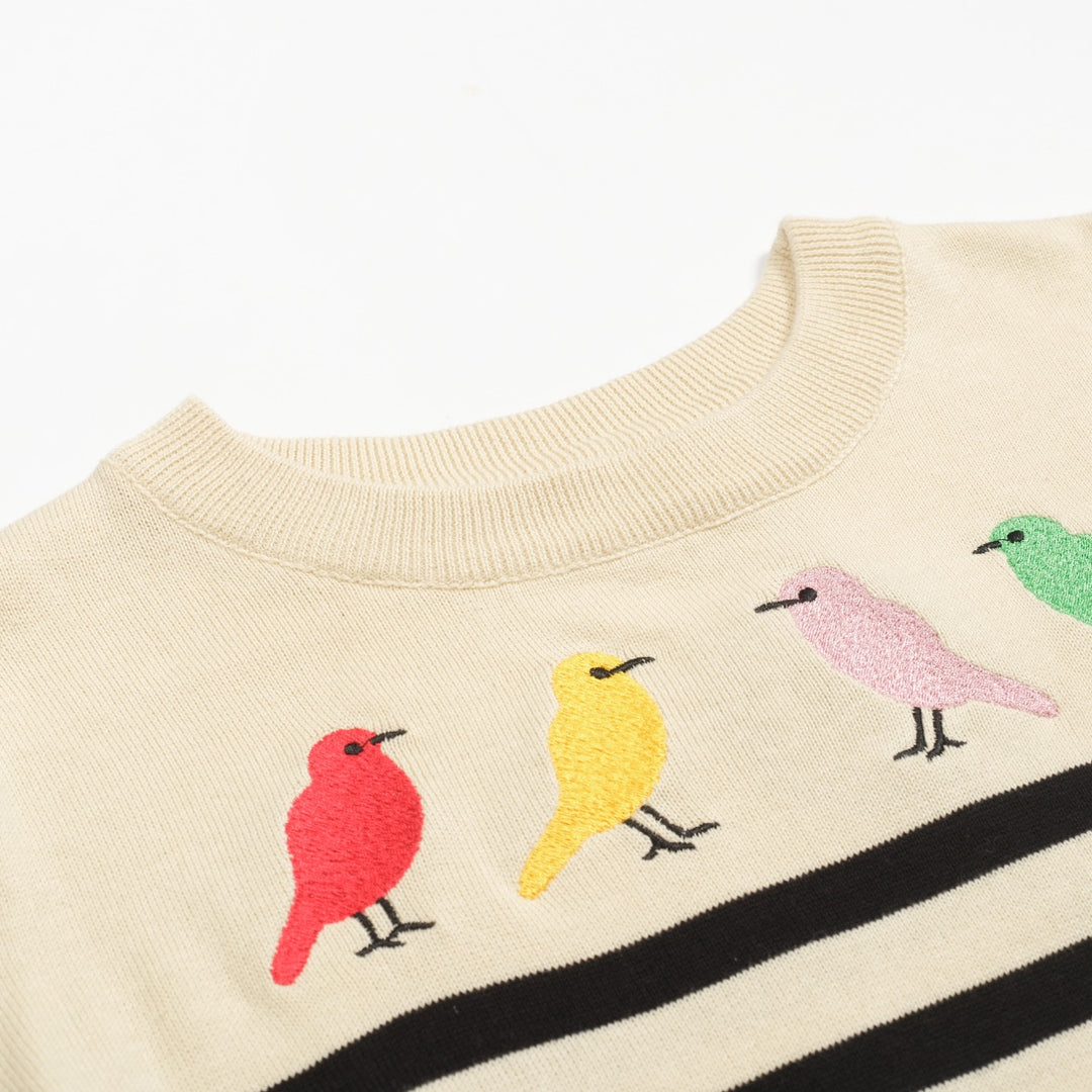 Maglieria da donna con uccellini ricamati a righe color albicocca