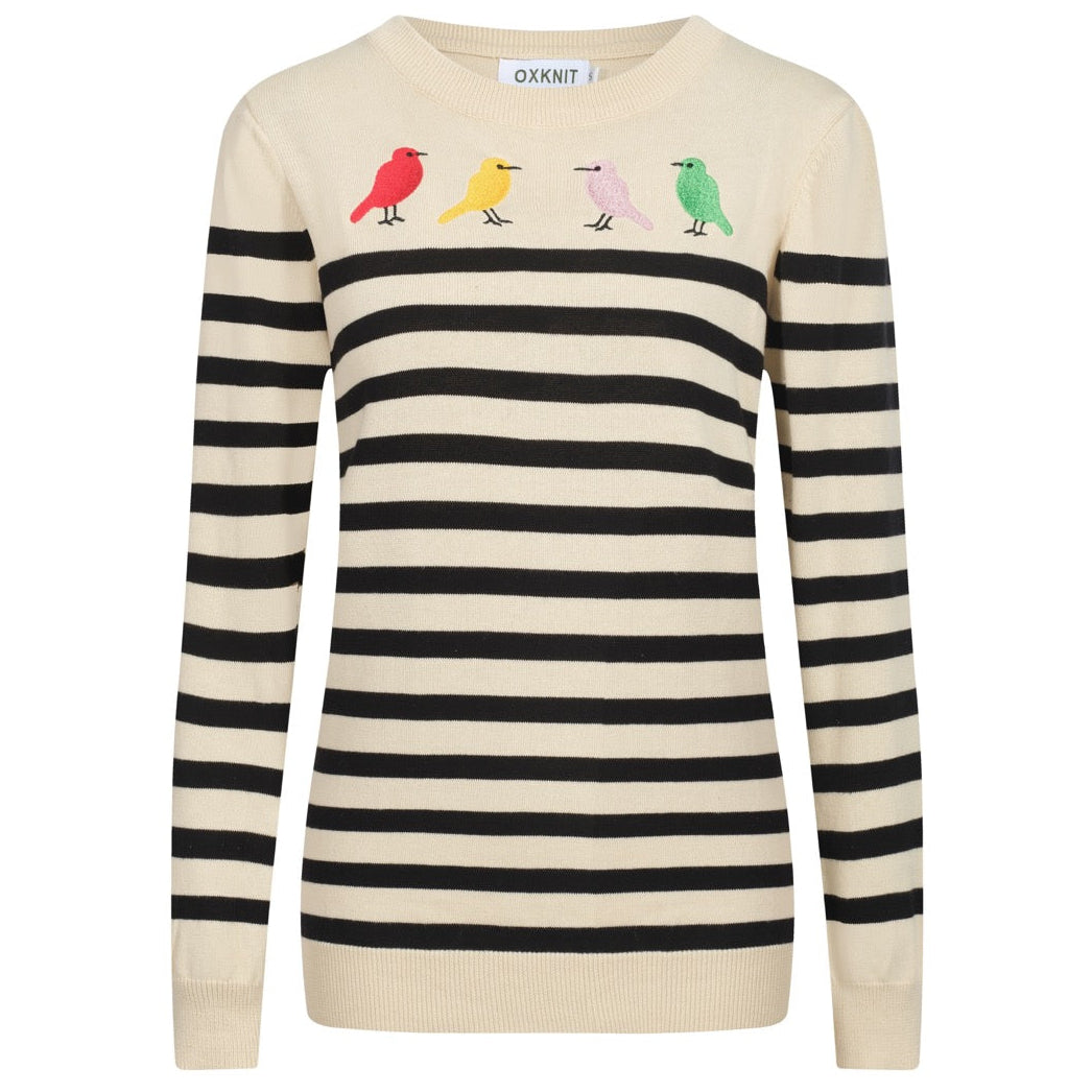 Maglieria da donna con uccellini ricamati a righe color albicocca