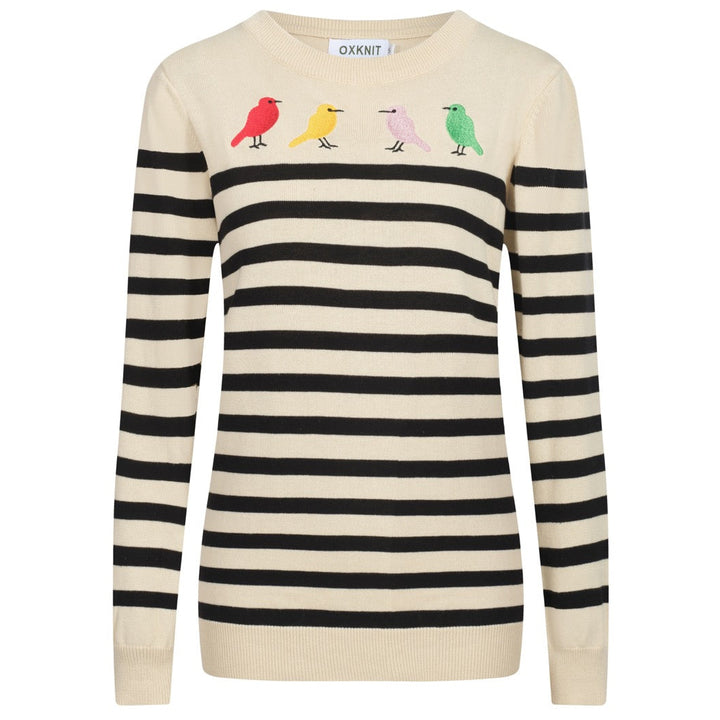 Maglieria da donna con uccellini ricamati a righe color albicocca