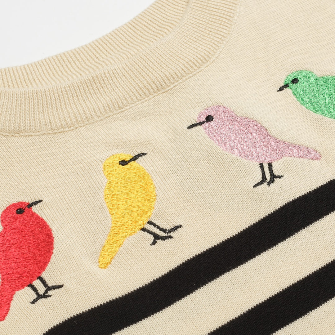 Maglieria da donna con uccellini ricamati a righe color albicocca