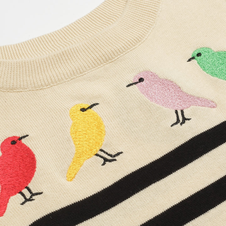 Maglieria da donna con uccellini ricamati a righe color albicocca