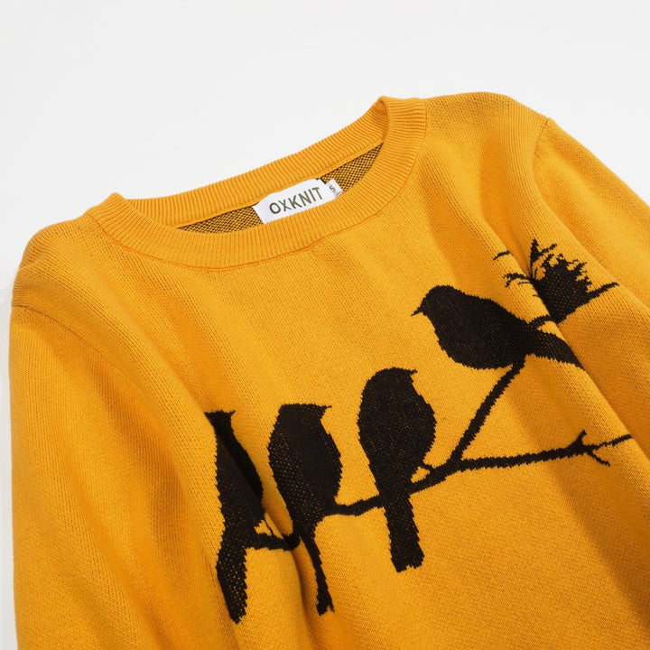 Maglieria jacquard da donna con uccellino giallo retrò