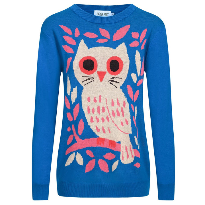 Kvinnors stickade plagg i blått fågeldjur i jacquard