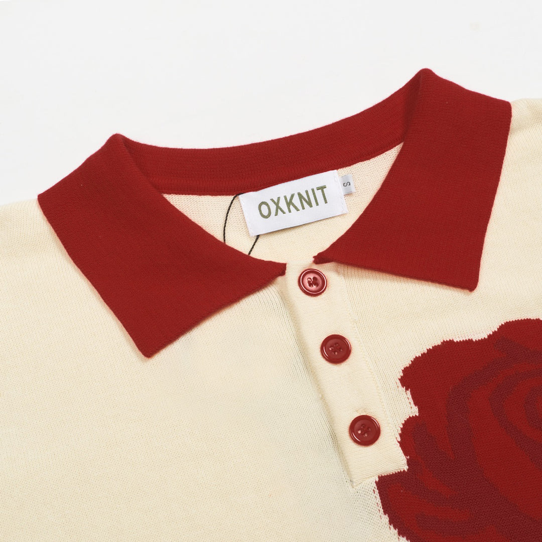 Men's apricot floral jacquard vintage knitted polo shirt