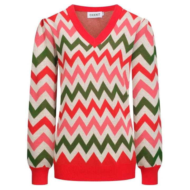 Γυναικεία πλεκτά κόκκινα οδοντωτά ριγέ φουσκωμένα μανίκια