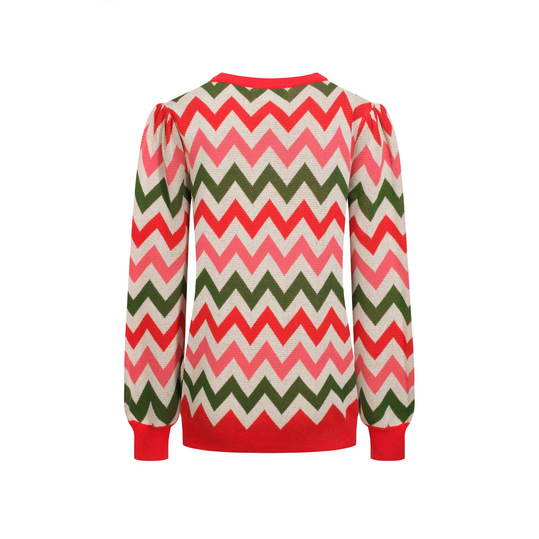 Γυναικεία πλεκτά κόκκινα οδοντωτά ριγέ φουσκωμένα μανίκια