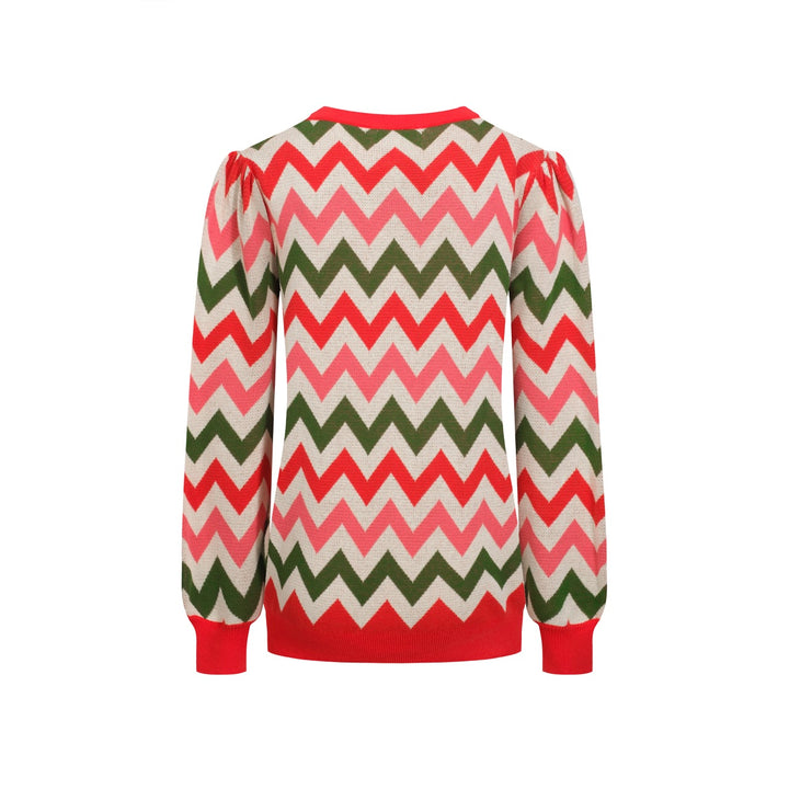 Γυναικεία πλεκτά κόκκινα οδοντωτά ριγέ φουσκωμένα μανίκια