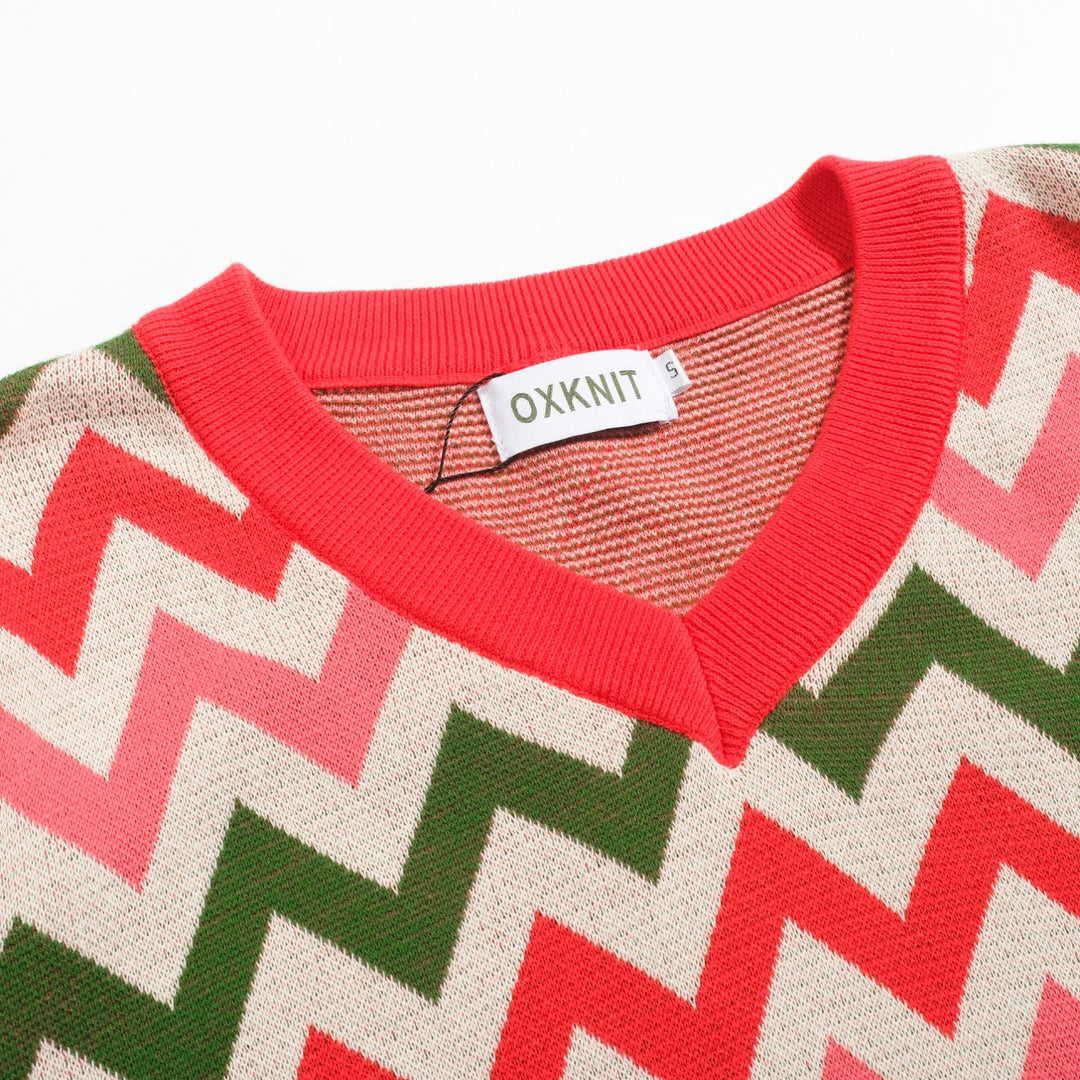 Γυναικεία πλεκτά κόκκινα οδοντωτά ριγέ φουσκωμένα μανίκια