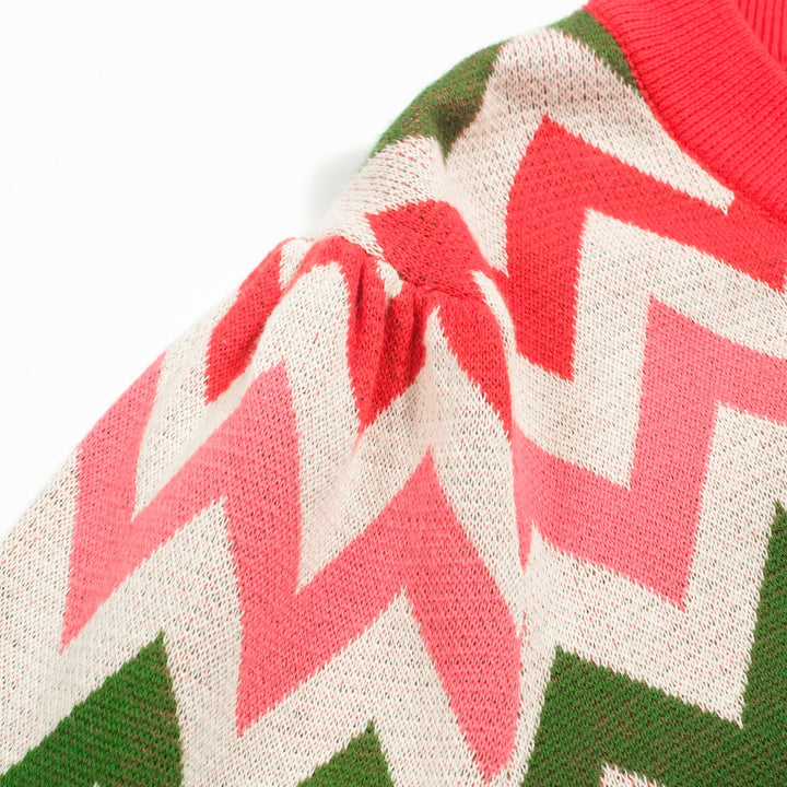 Γυναικεία πλεκτά κόκκινα οδοντωτά ριγέ φουσκωμένα μανίκια