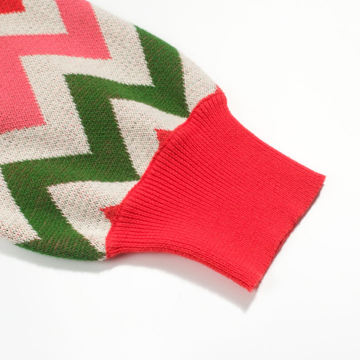 Γυναικεία πλεκτά κόκκινα οδοντωτά ριγέ φουσκωμένα μανίκια