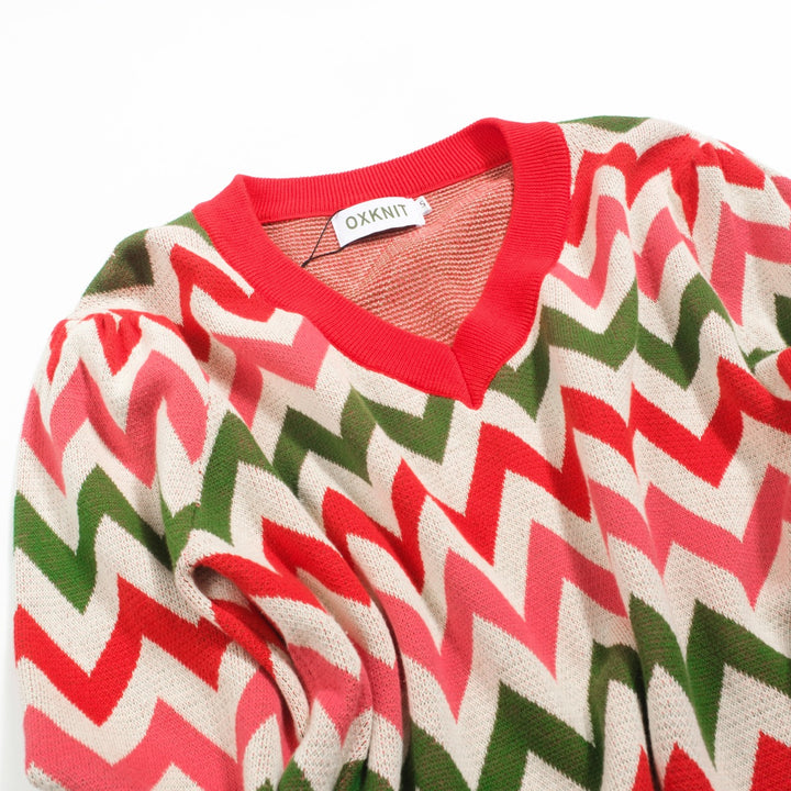 Γυναικεία πλεκτά κόκκινα οδοντωτά ριγέ φουσκωμένα μανίκια