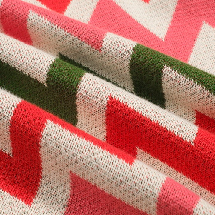 Γυναικεία πλεκτά κόκκινα οδοντωτά ριγέ φουσκωμένα μανίκια