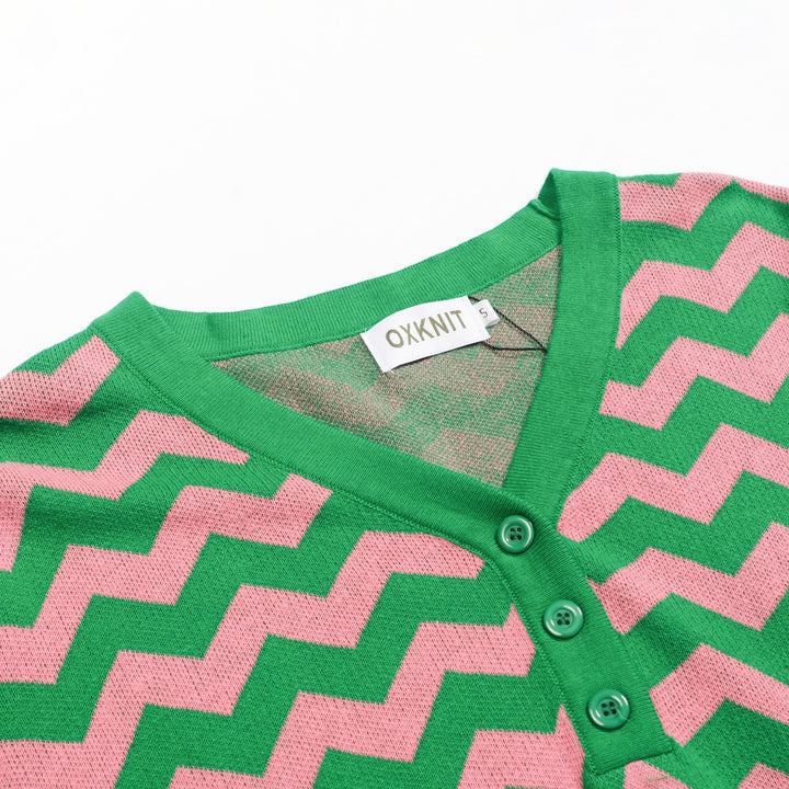 Grön tand randig ärm för kvinnor med V-ringad sticka