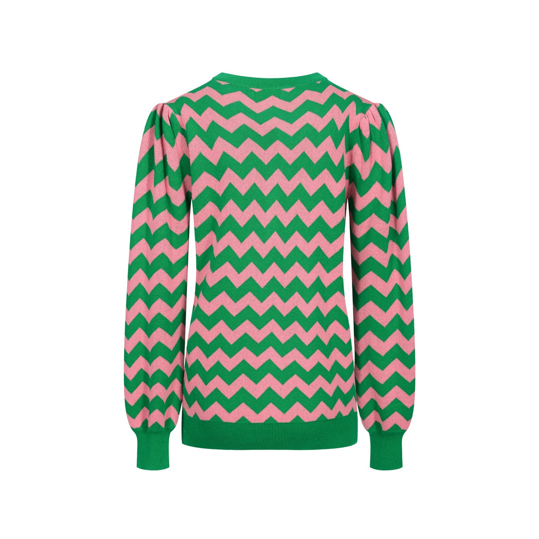 Grön tand randig ärm för kvinnor med V-ringad sticka