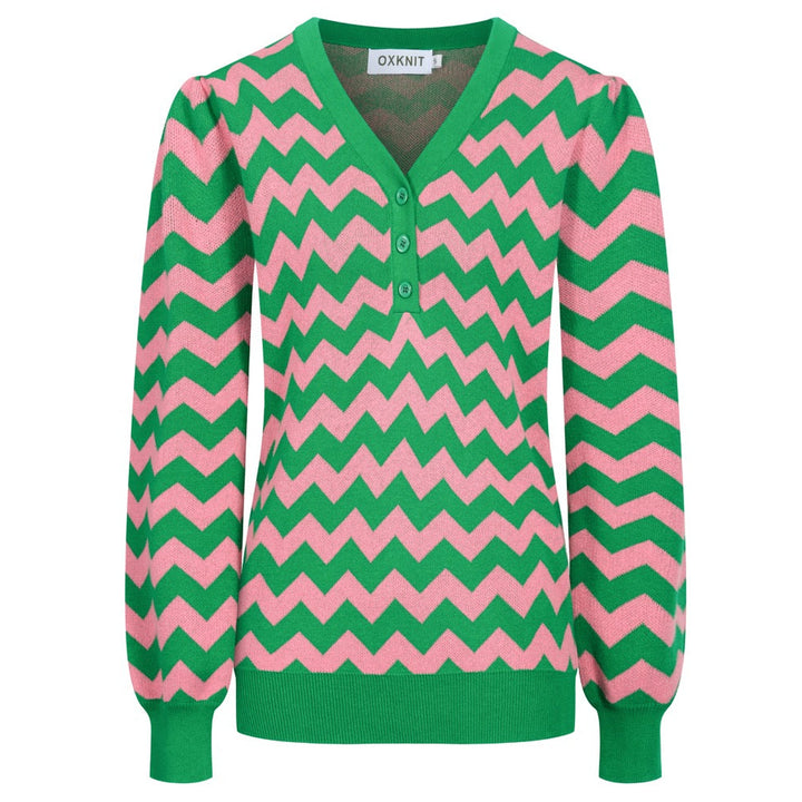 Grön tand randig ärm för kvinnor med V-ringad sticka