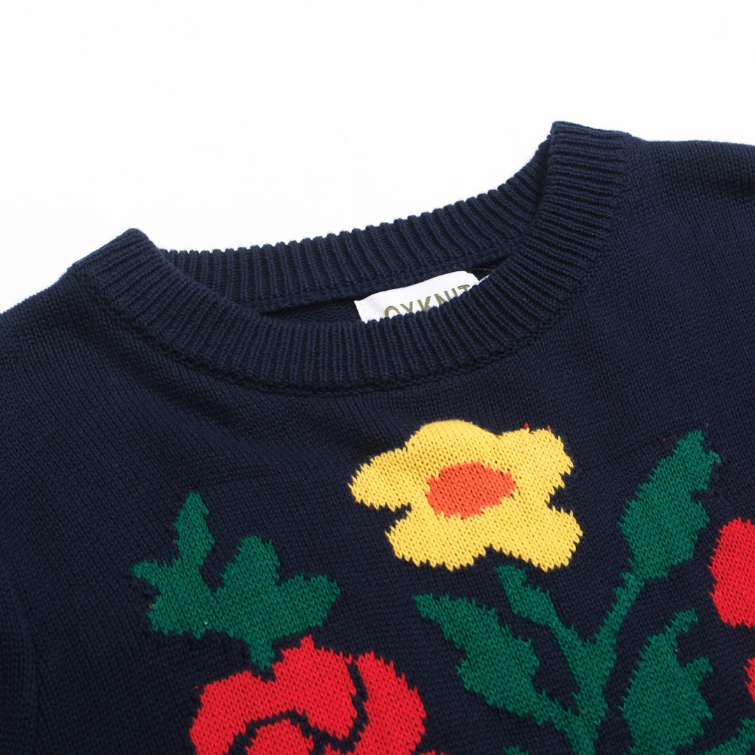 Maglieria da donna con maniche a sbuffo floreale jacquard blu scuro