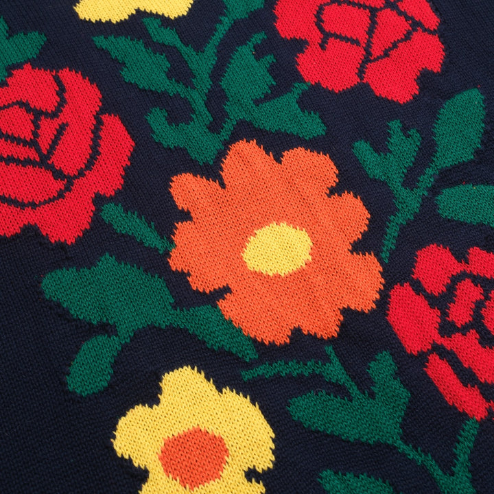 Maglieria da donna con maniche a sbuffo floreale jacquard blu scuro