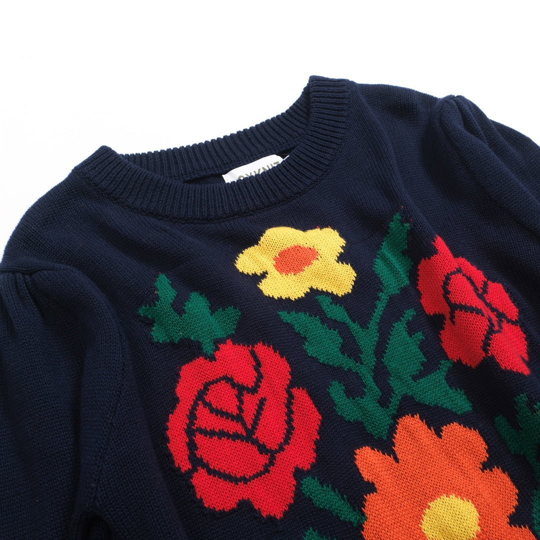 Maglieria da donna con maniche a sbuffo floreale jacquard blu scuro