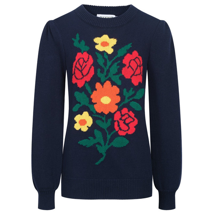 Maglieria da donna con maniche a sbuffo floreale jacquard blu scuro