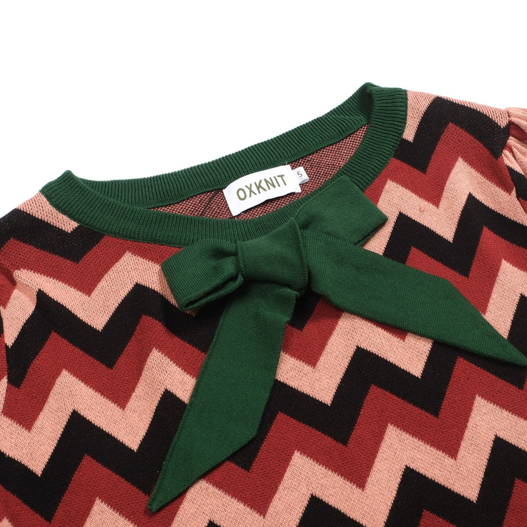 Grön jacquardrosett för kvinnor med stickat plagg med bubbelärm