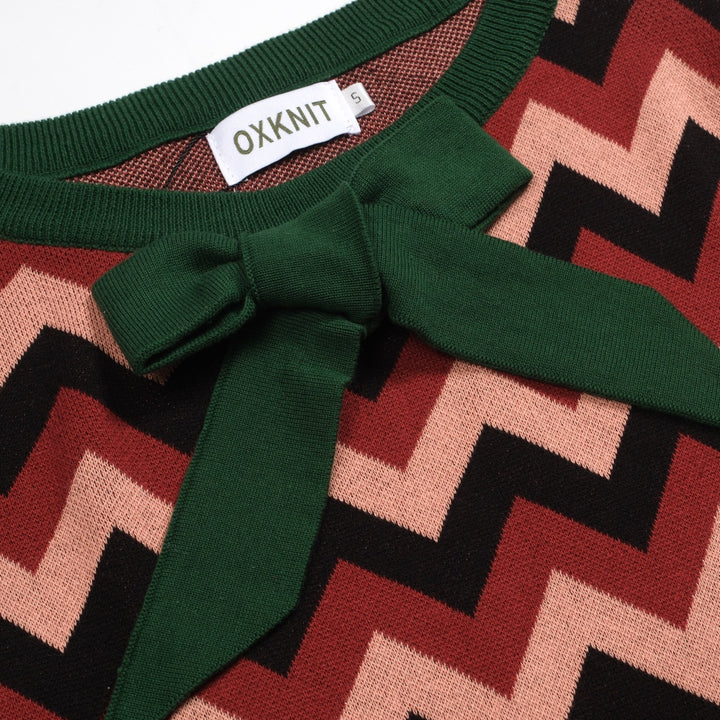 Grön jacquardrosett för kvinnor med stickat plagg med bubbelärm