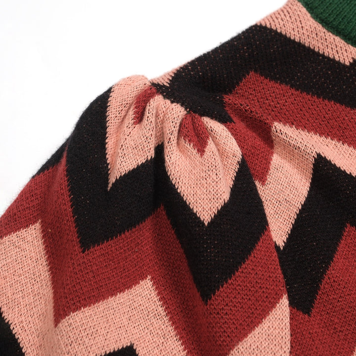 Grön jacquardrosett för kvinnor med stickat plagg med bubbelärm