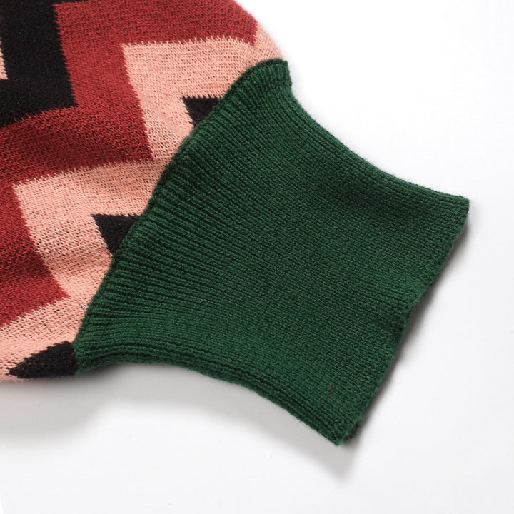 Grön jacquardrosett för kvinnor med stickat plagg med bubbelärm