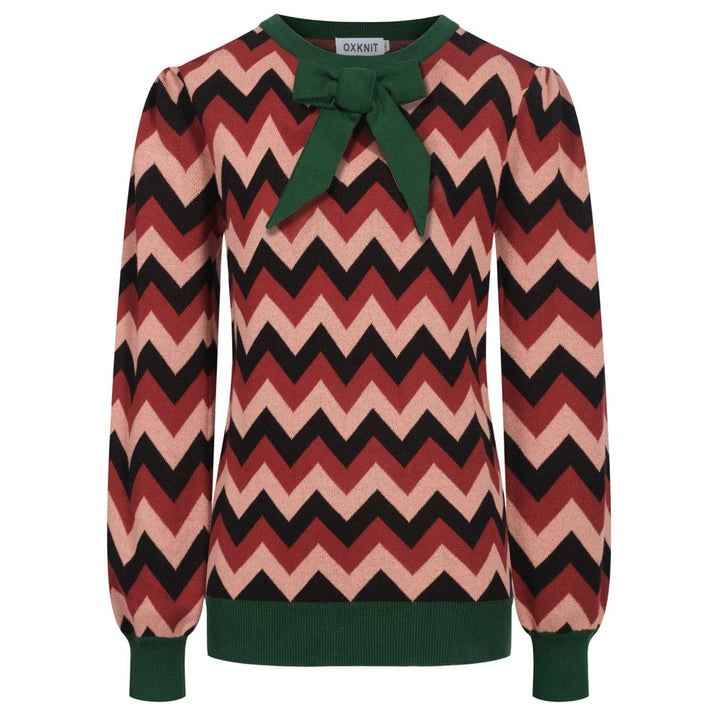 Grön jacquardrosett för kvinnor med stickat plagg med bubbelärm