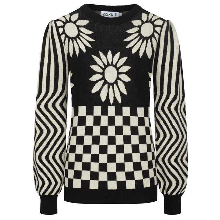 Kvinnors stickade plagg med puffärm i svart solrosjacquard